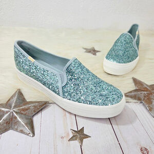 Keds x Kate Spade Light Blue Glitter Triple Decker Slip-On Shoes sneaker 7.5 New